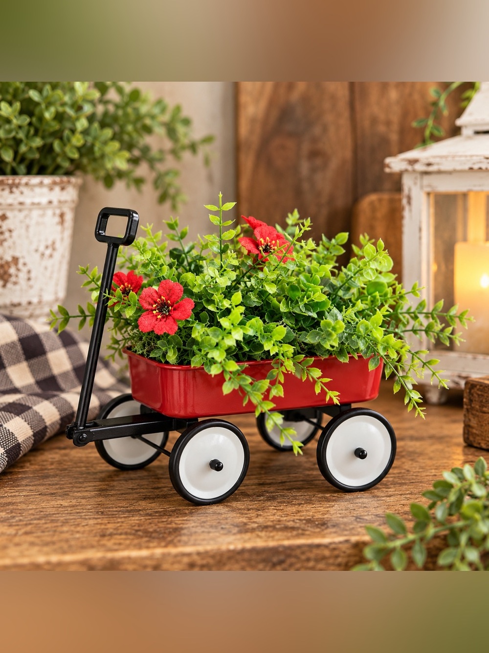 Decorative Red Metal Wagon Planter Farmhouse Cottage Garden Decor